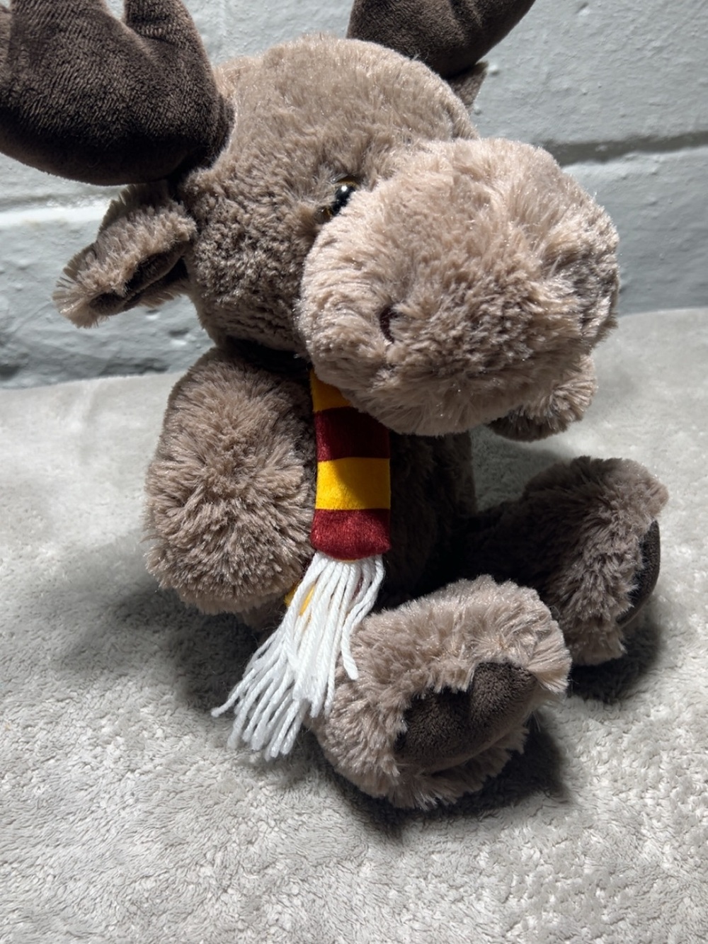 Plush Brown Moose Stuffed Animal with Red & Yellow Scarf
